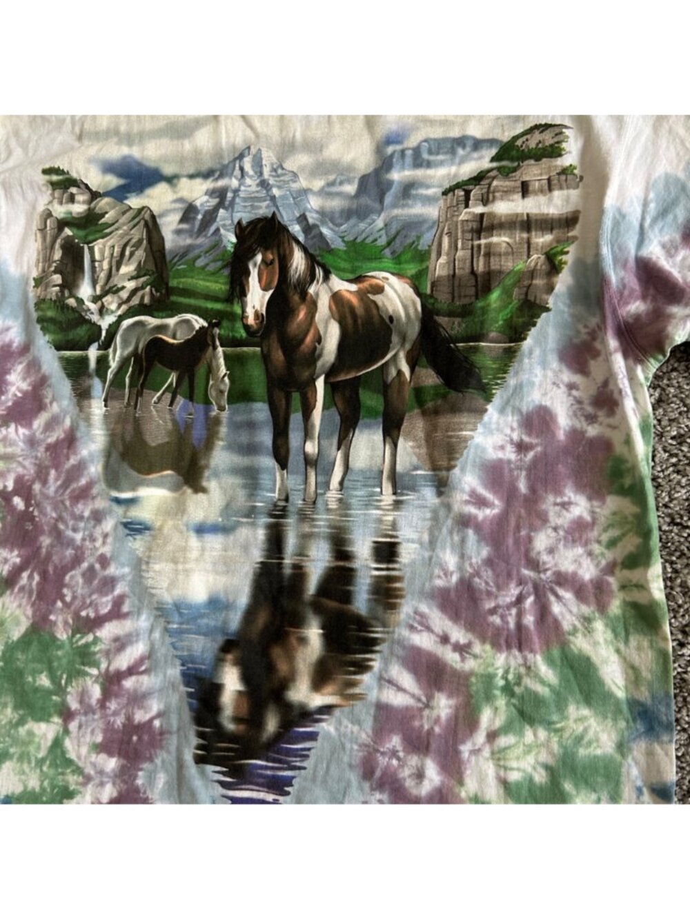 Vintage 1996 Liquid Blue Tie-Dye Wild Horses Graphic T-Shirt - Picture 7 of 13